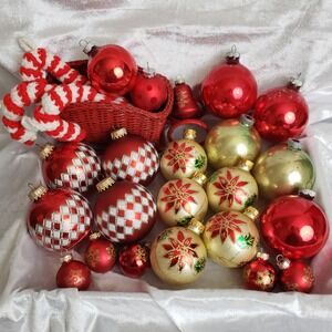 Set Of 22 Vintage Glass Christmas Ornaments Red Gold White Shiny Brite Krebs etc